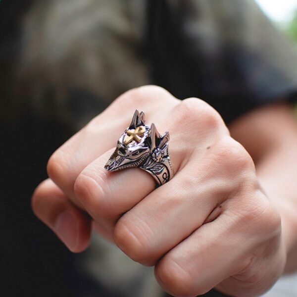 Unisex Self Defense Ring Punk Anubis Egyptian Cross Beast Anti-wolf Finger Ring Steel Vintage Wolf Rings Gift Adjustable size