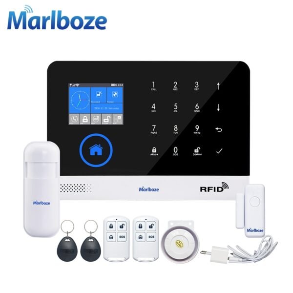 Marlboze EN RU ES PL DE Switchable Wireless Home Security WIFI GSM GPRS Alarm system APP Remote Control RFID card Arm Disarm