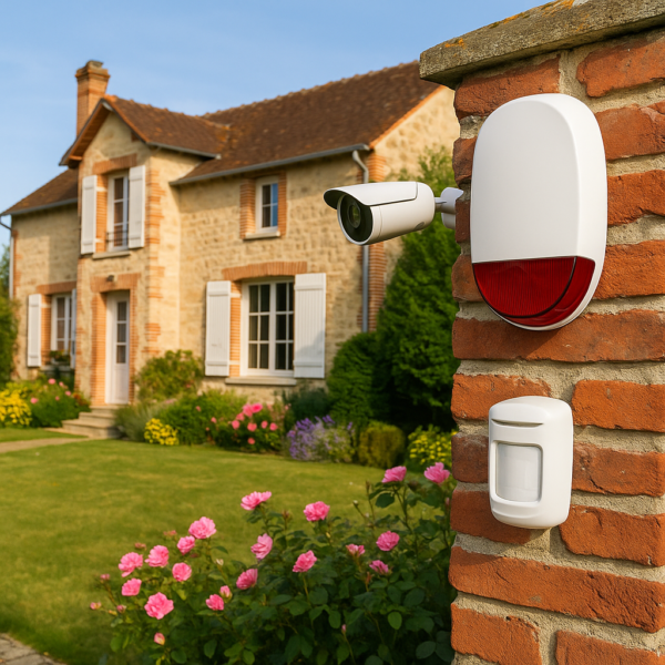 2025 garden house alarm installed in a flowery garden of a French house
